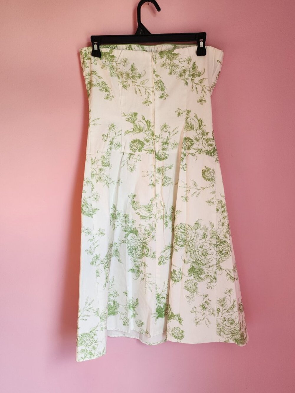Strapless Cotton White & Green Floral Summer Romantic Coquette Dress - Picture 4 of 8